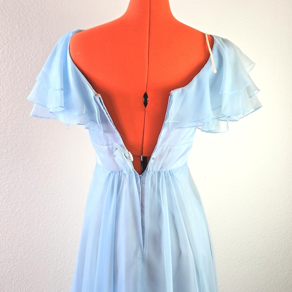 Vintage Blue Chiffon Maxi Dress Ruffle Prairie Formal Romantic Cottagecore AS IS - Picture 6 of 9